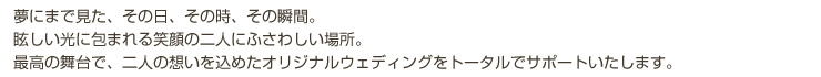 夢にまで見た、その日、その時、その瞬間。眩しい光に包まれる笑顔の二人にふさわしい場所。最高の舞台で、二人の想いを込めたオリジナルウェディングをトータルでサポートいたします。